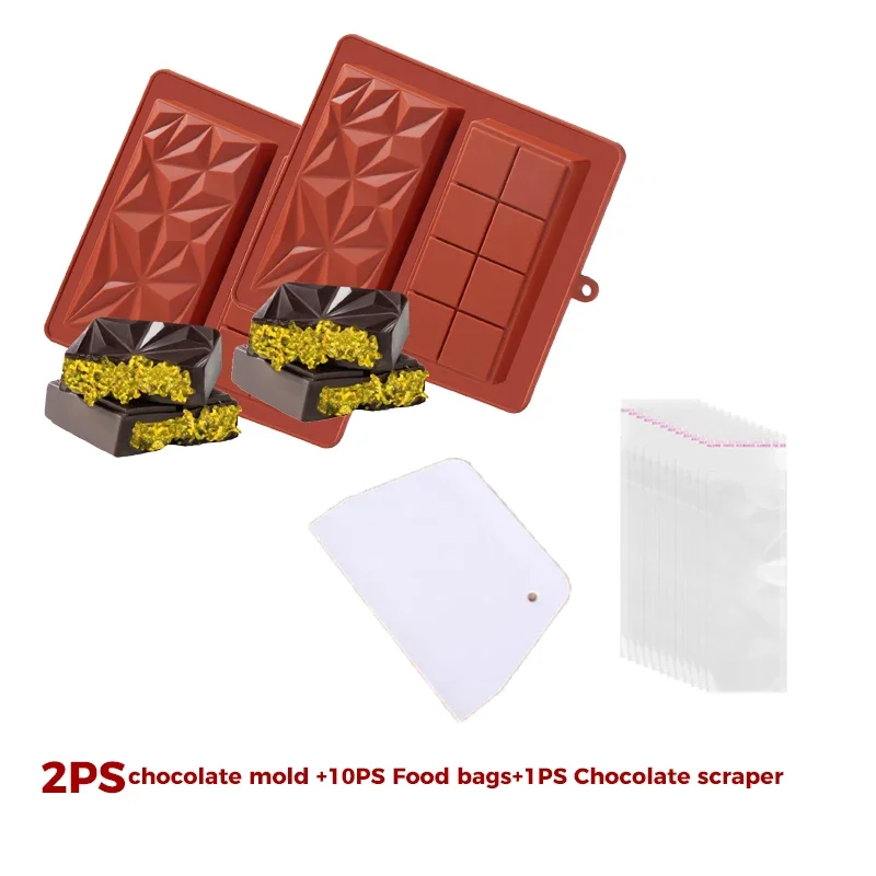 

Dubai chocolate mold 、 chocolate bar mold 2PS, with bag, with tools, large thick silicone chocolate bar mold for filling bars,