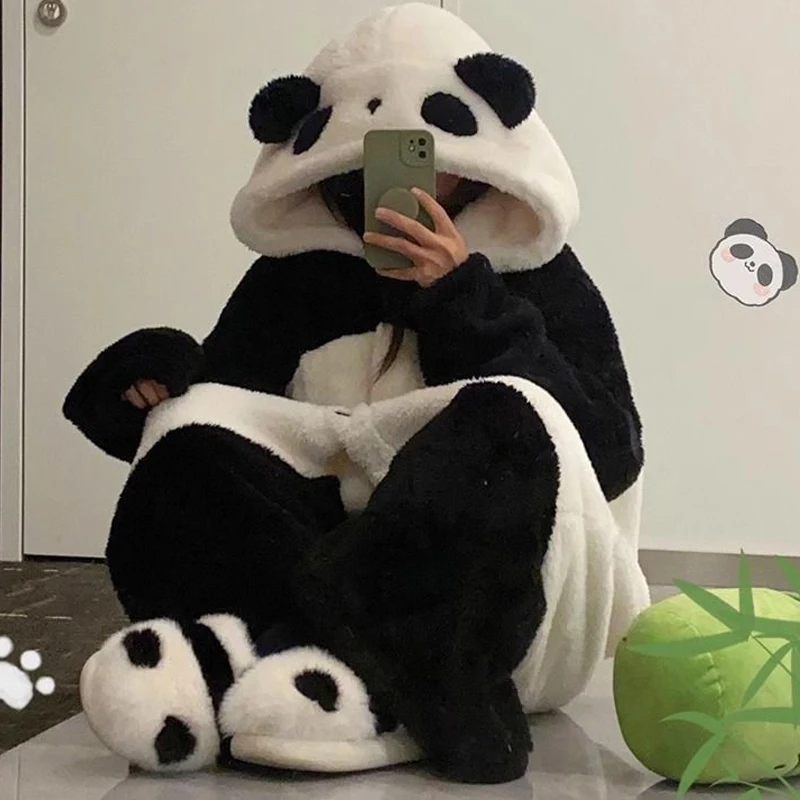 Panda Robe for Women Sleepwear Hooded Nightdress Winter Fleece Pajama Night Wears Warm One Piece Nightgown Long Sleeve Homewear