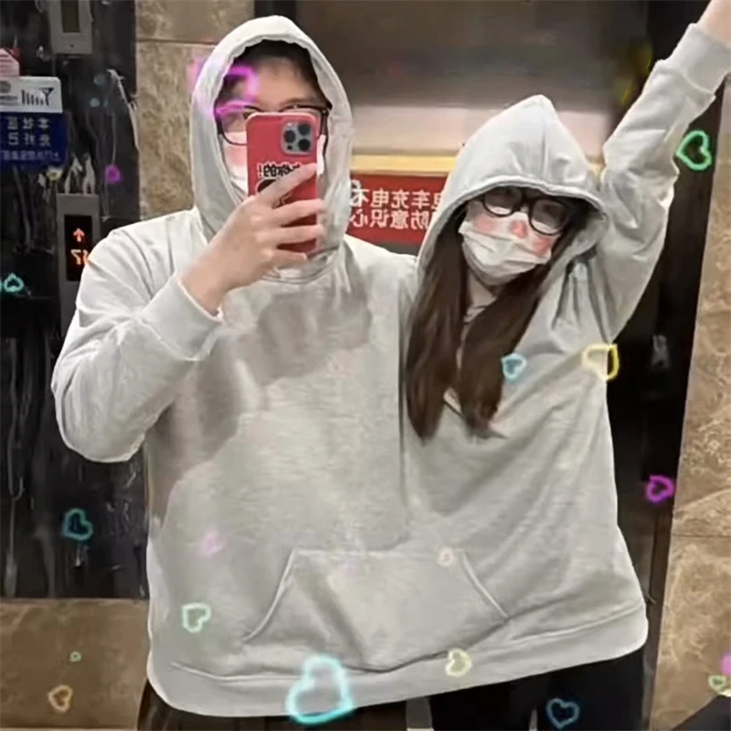 Mens Womens Two Person Ugly Hoodie Intimate Loose Solid Sweatshirt One-Piece Couples Pullover Holiday Party Jumpers Tops
