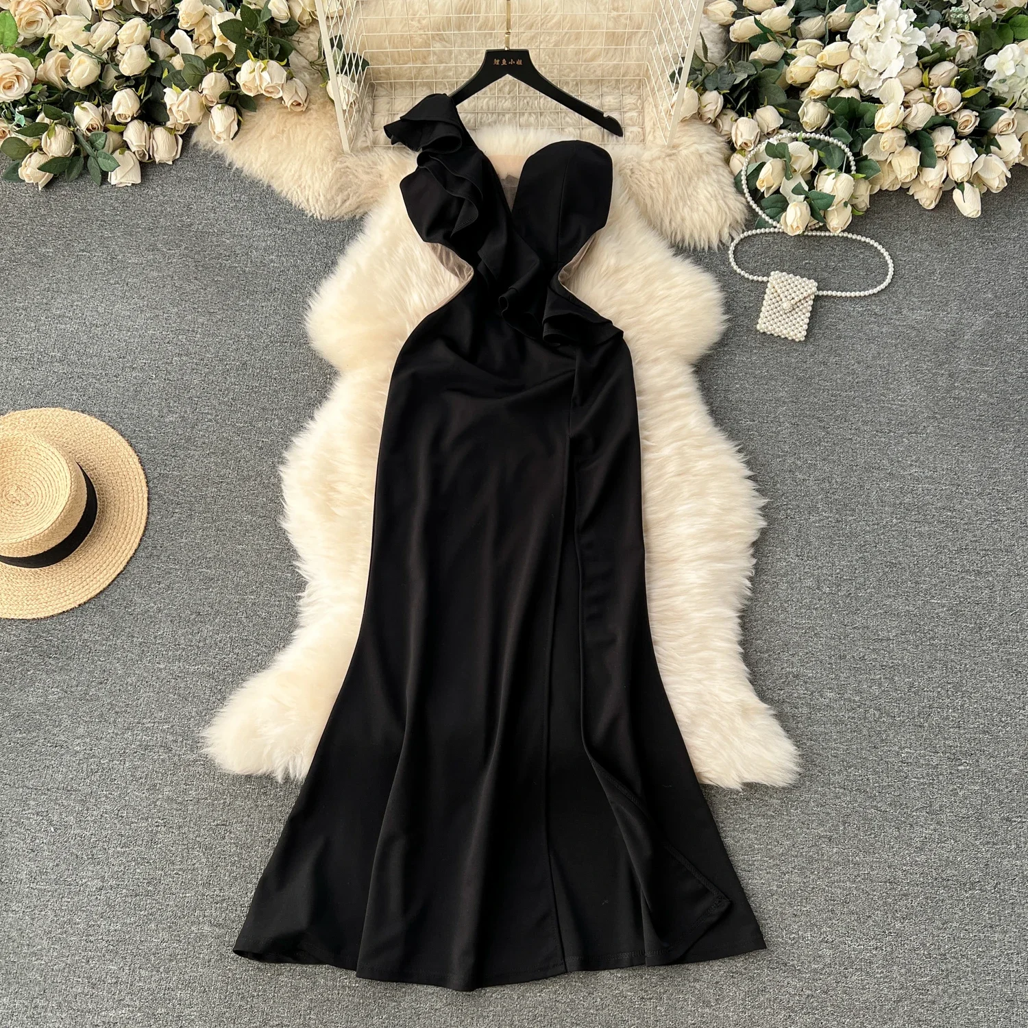 Sexy Sleeveless Folds Glitter Sequin V-neck Dress Chic Elegant Evening Party Luxury Robe Women High Waist Slim Ceremonial  Dress