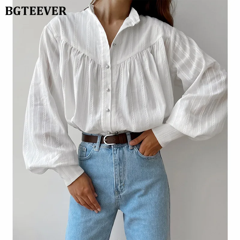 

BGTEEVER Casual Stand Collar Loose Cotton Shirts for Women Puff Sleeve Single-breasted Female Blouses Tops