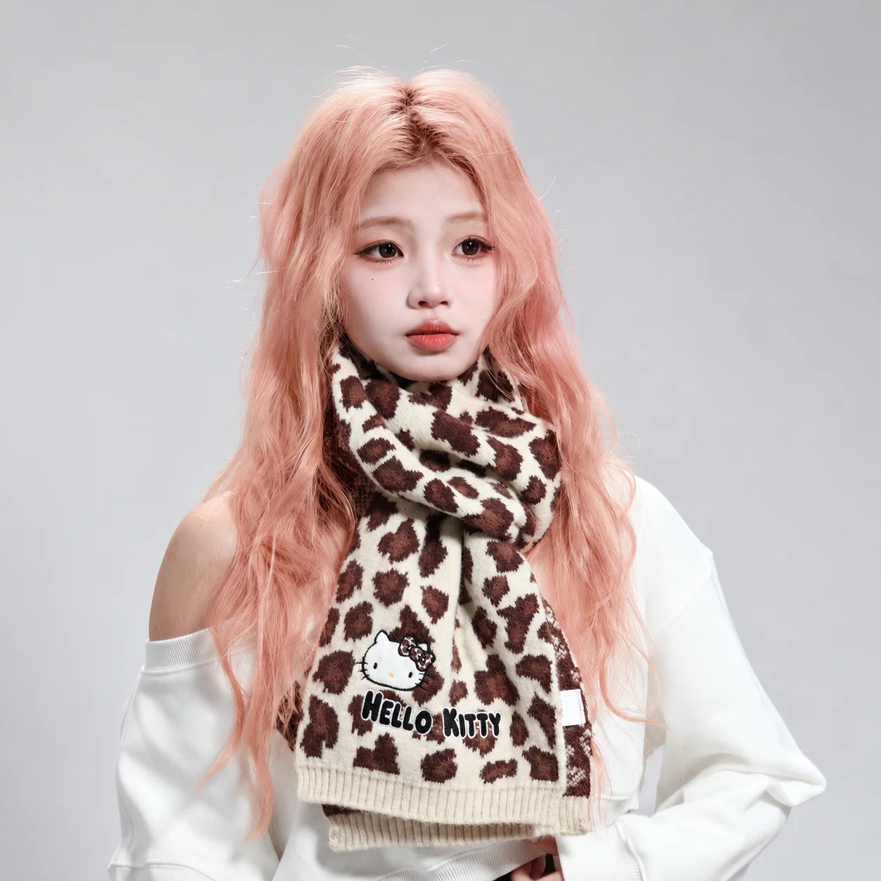 HelloKitty Sanrio Dames Luipaard Gebreide Muts Sjaal Combo Schattige Winter Gezellige Buitenmode Set Accessoire voor Koud Weer Vakantiecadeau