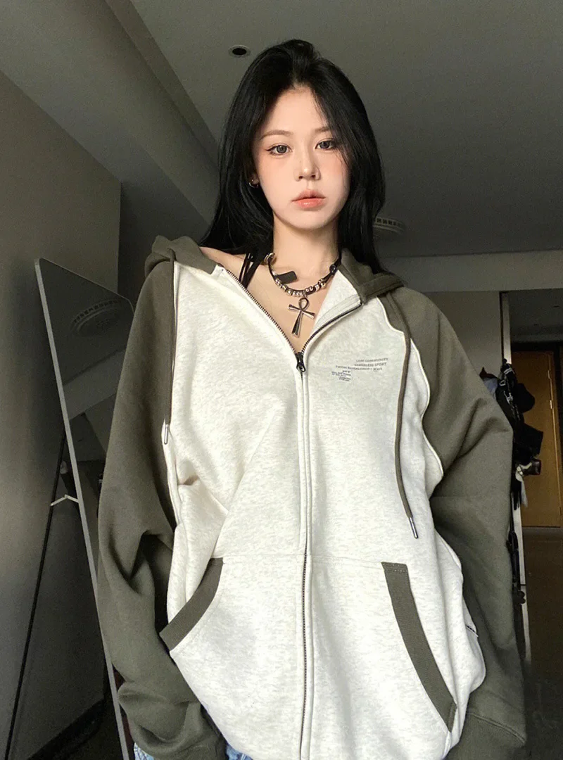 Casual Color Block Sweatshirt Women Zip Up Hoodies Cardigan Long Sleeve Loose Hooded Sweatshirts Y2k Letter Print Streetwear 후드티