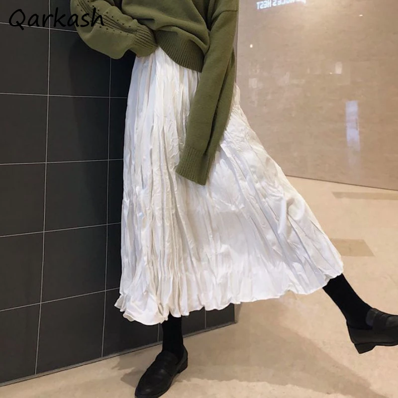 

Midi Skirts Women Baggy Aesthetic Summer Folds Design Faldas Elegant All-match Solid Casual Soft Korean Style Popular Minimalist