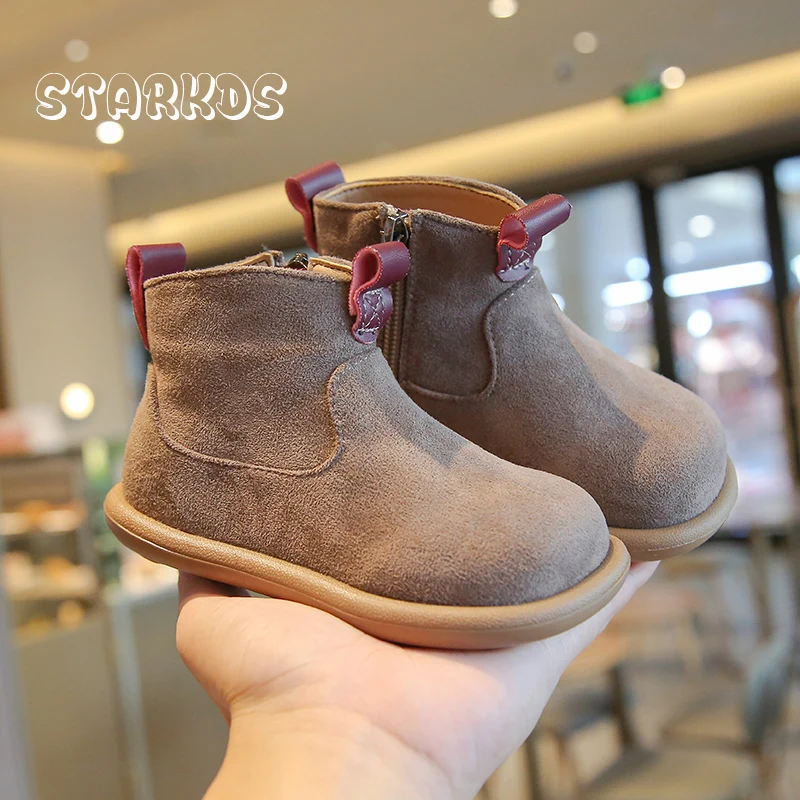 Botas cortas cálidas de felpa para bebés y niños pequeños, botines planos con cremallera lateral, zapatos informales de invierno