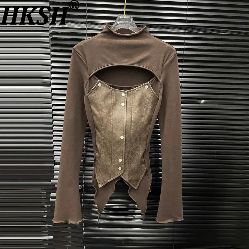 

HKSH Spring Autumn New Women T-shirt Long Sleeves Patchwork PU Leather Fake Two-Piece Slim Fit Hollow Out Retro Sexy Top HK17029