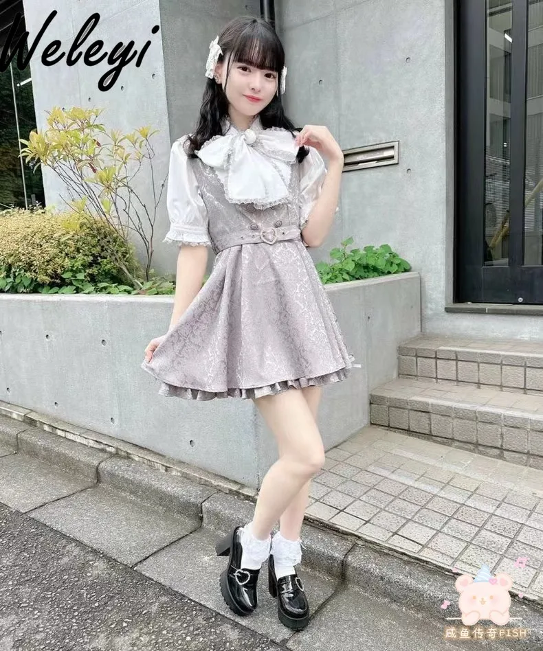 Jirai Kei Clothes Woman Sweet Dark Pattern Bow Belt Double Layer Dress Set Rojita Mine Series Mass-Produced Dress Culottes Suit