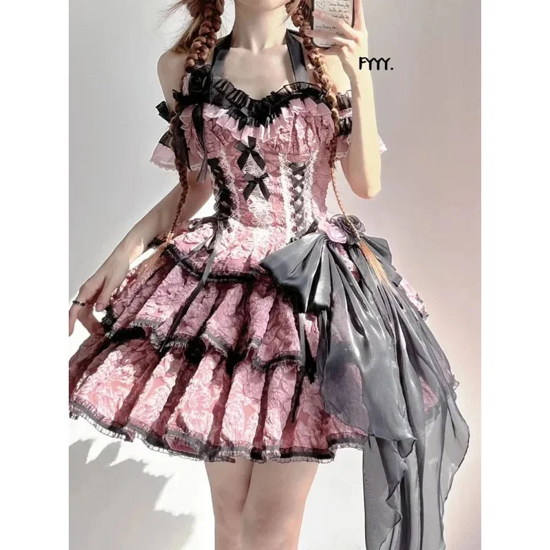 Original Gothic Black and Pink Lolita Dress Women's Slim Fit Elegant Halloween Party Short Dress Summer 2025 Vestidos De Mujer
