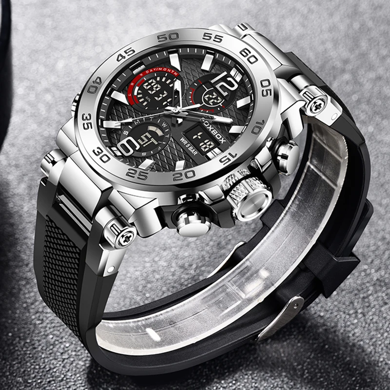 LIGE Dual Display Watch Men Fashion Military Waterproof Quartz Watches For Men FOXBOX Top Brand Luxury Chronograph Montre Homme