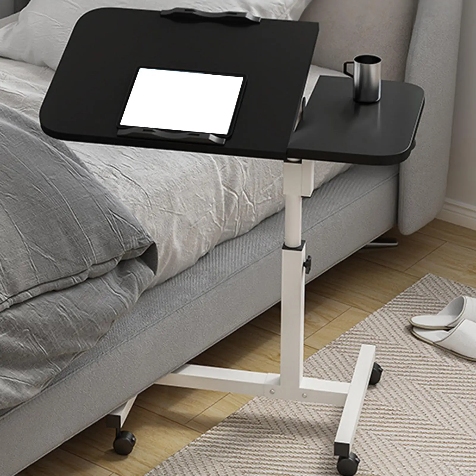 Overbed Table with Swivel Wheel Adjustable Height 60cm to 95cm H Shaped Base Mobile Standing Desk Rolling Computer Cart Office