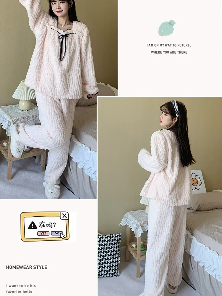 5XL Autumn/winter Coral Fleece Pajama Set Women\'s Plus Siize Long Sleeve Loose Thickened Warm Loungewear Can Be Worn Outside