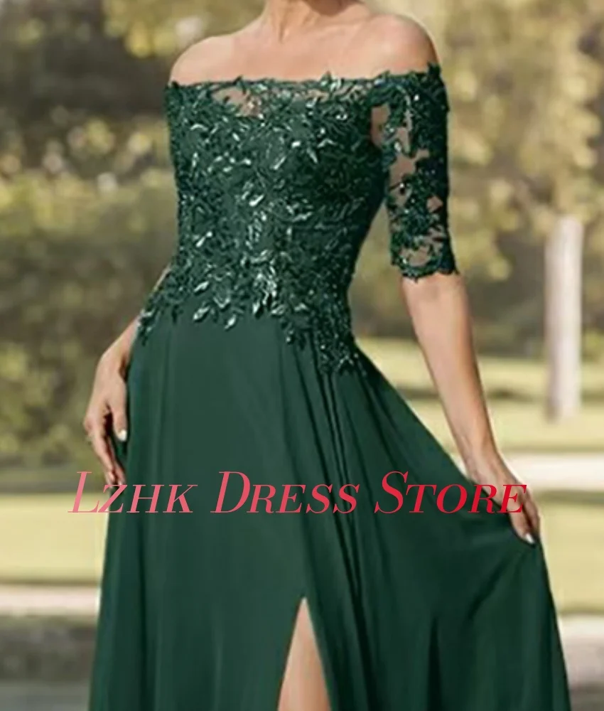 Customized Sexy Chiffon A-Line Off the Shoulder Lace Evening Dress High Quality Half Sleeves Boat Neck Floor Length prom dresses