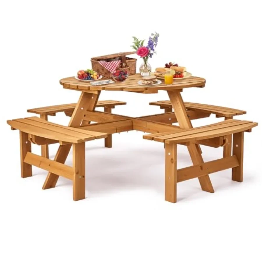 Outdoor wood picnic table with umbrella hole and 4 built-in benches, natural brown finish, weather-resistant hardwood, 500 lbs