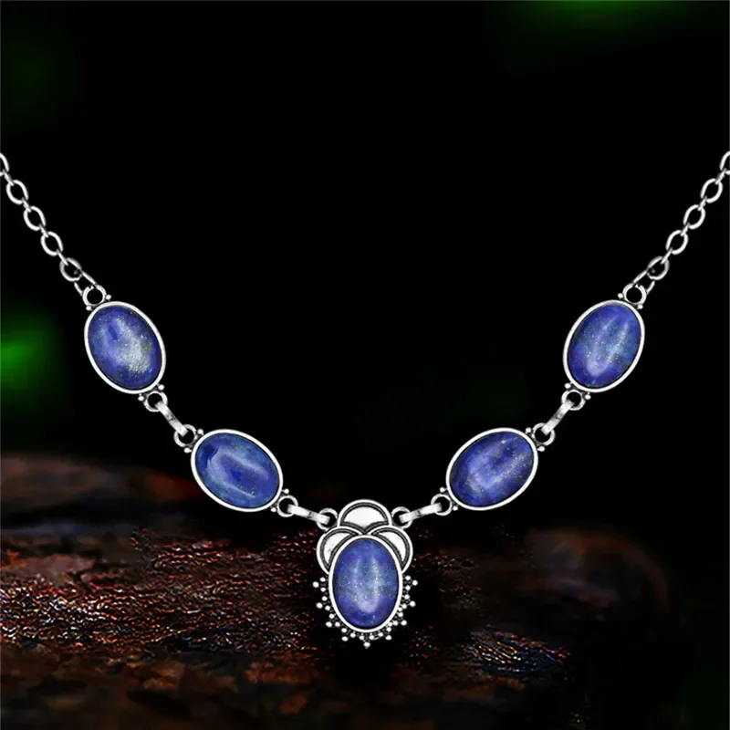 Vintage Natural Stone Jades Necklace For Women Antique Silver Plated Flower Tiger Eye Quartz Lapis Lazuli Fashion Jewelry