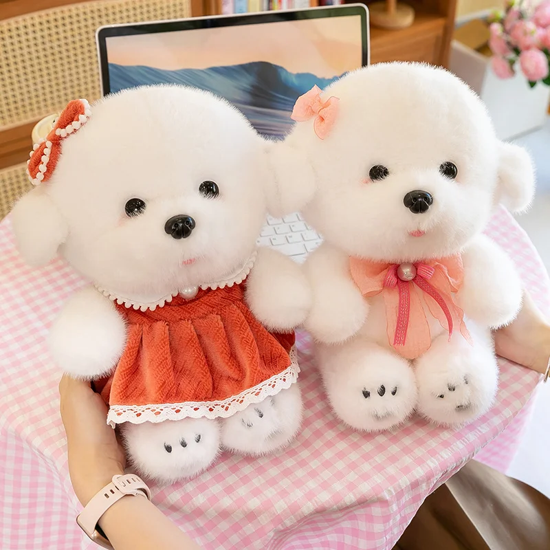 Adorable Fluffy Hair White Bichon Frise Plushie Doll Soft Stuffed Animal Puppy Plush Toy Baby Appease Sleep Pillow for Girl Gift