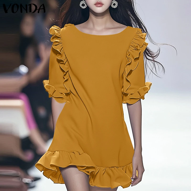 VONDA Women Mini Dress 2025 Elegant Ruffled Sundress Casual Half Sleeve Solid Sundress Summer Holiday Lady Vestidos Robe