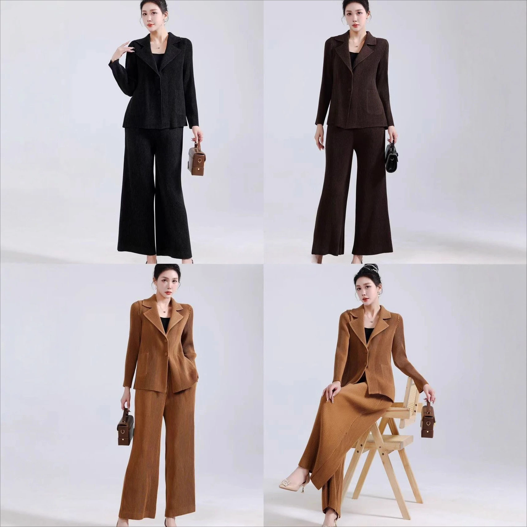 

Miyake Fold 2025 Autumn/Winter New Fold Slim Fit Fashion Show Slim Versatile Temperament Fashion Coat+Casual Wide Leg Pants Set