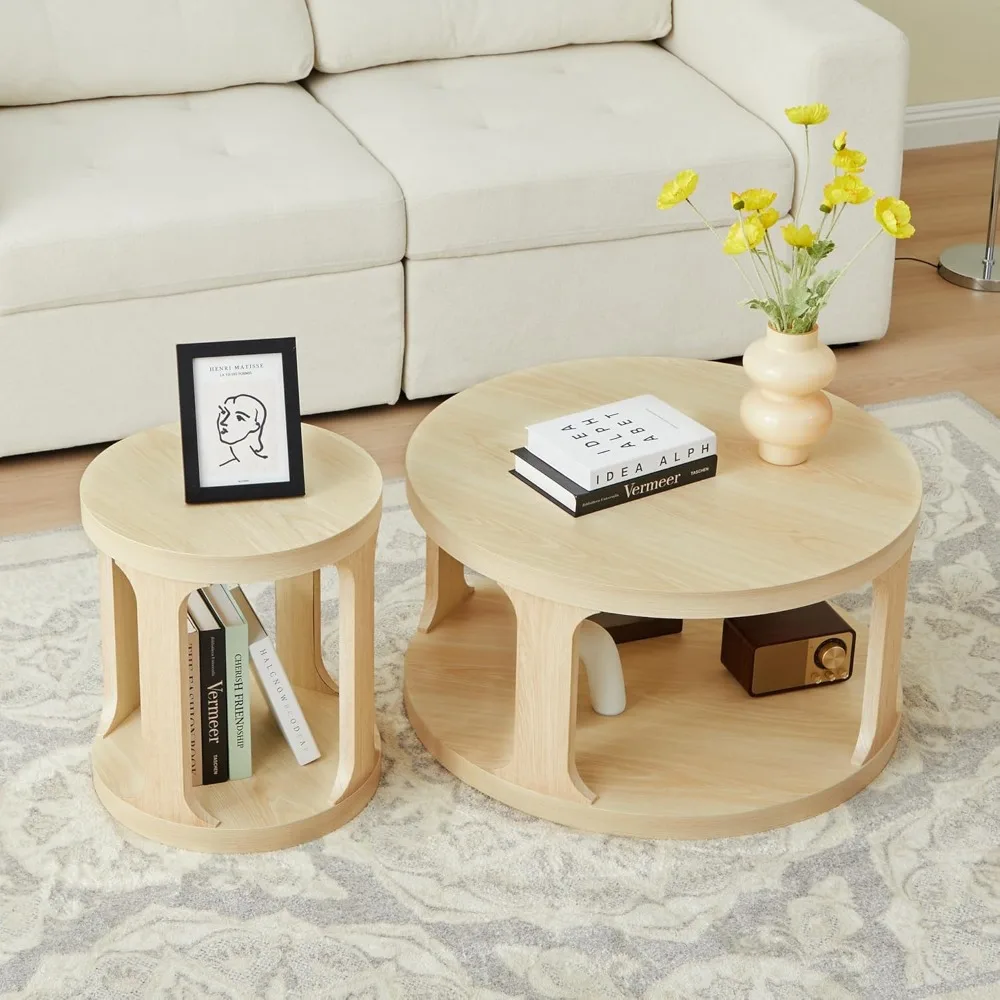 Nesting Coffee Table,Round Coffee Table Set of 2 with Storage Shelf, Modern Sofa Side Table Center Table for Living Room,Bedroom