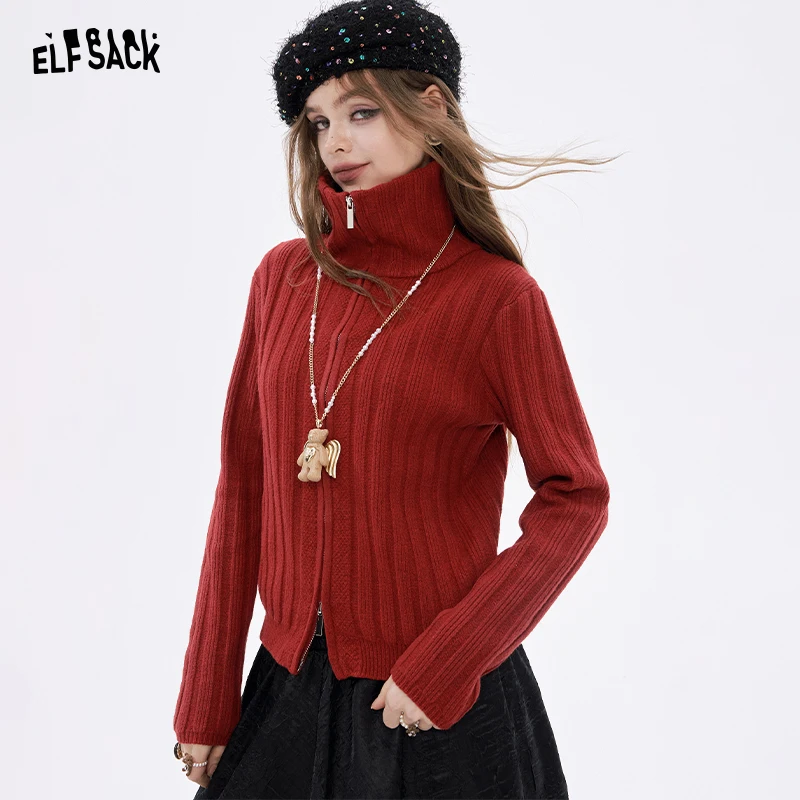 

ELFSACK 2025 Winter New Arrivals Y2K Preppy Solid Vertical Rib Full Zip Lapel Sweater For Women