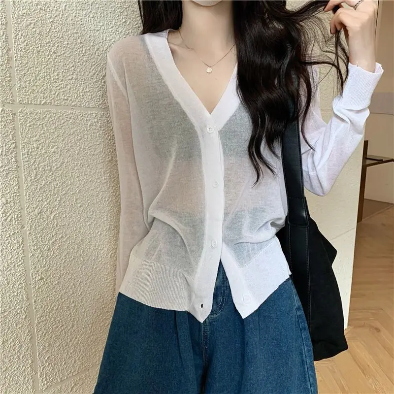 Summer Casual Loose Thin Long Sleeve Coat Women Fashion All-match V-neck Button Cardigan Sexy Transparent Y2k Sunscreen Clothing