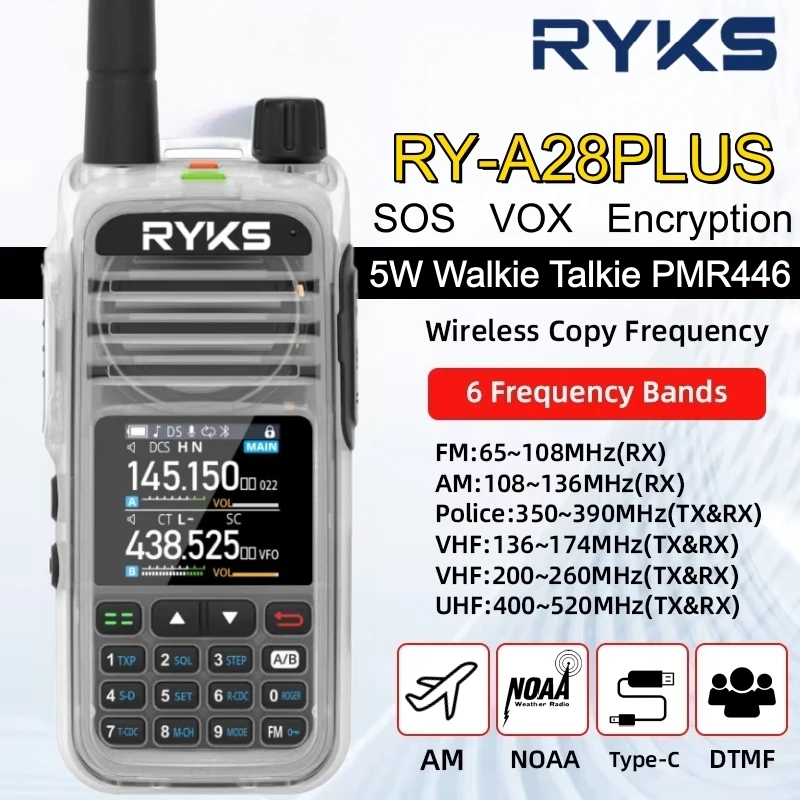 

Ryks A28Plus Long Range Walkie Talkies Sos Vox Pmr446 390-520Mhz Tx Police Frequency Band Wireless Set Communication Radio