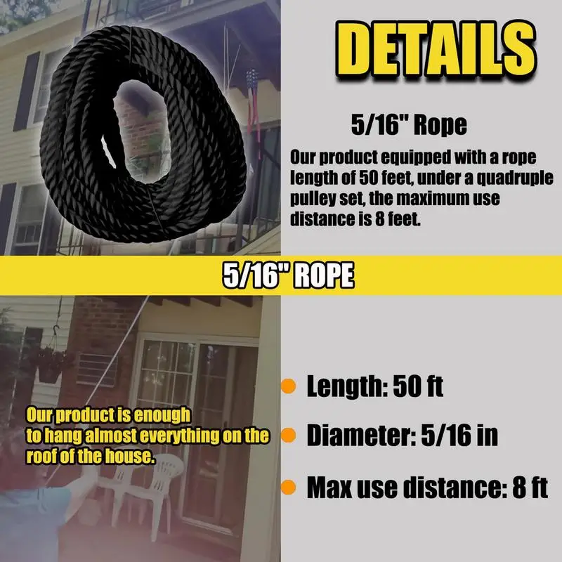 Block And Tackle 50 Ft 3/8 Rope Pulley Hoist With 5:1 Lifting Power 2200 Lbs Breaking Strength Heavy Duty Pulley System Rope