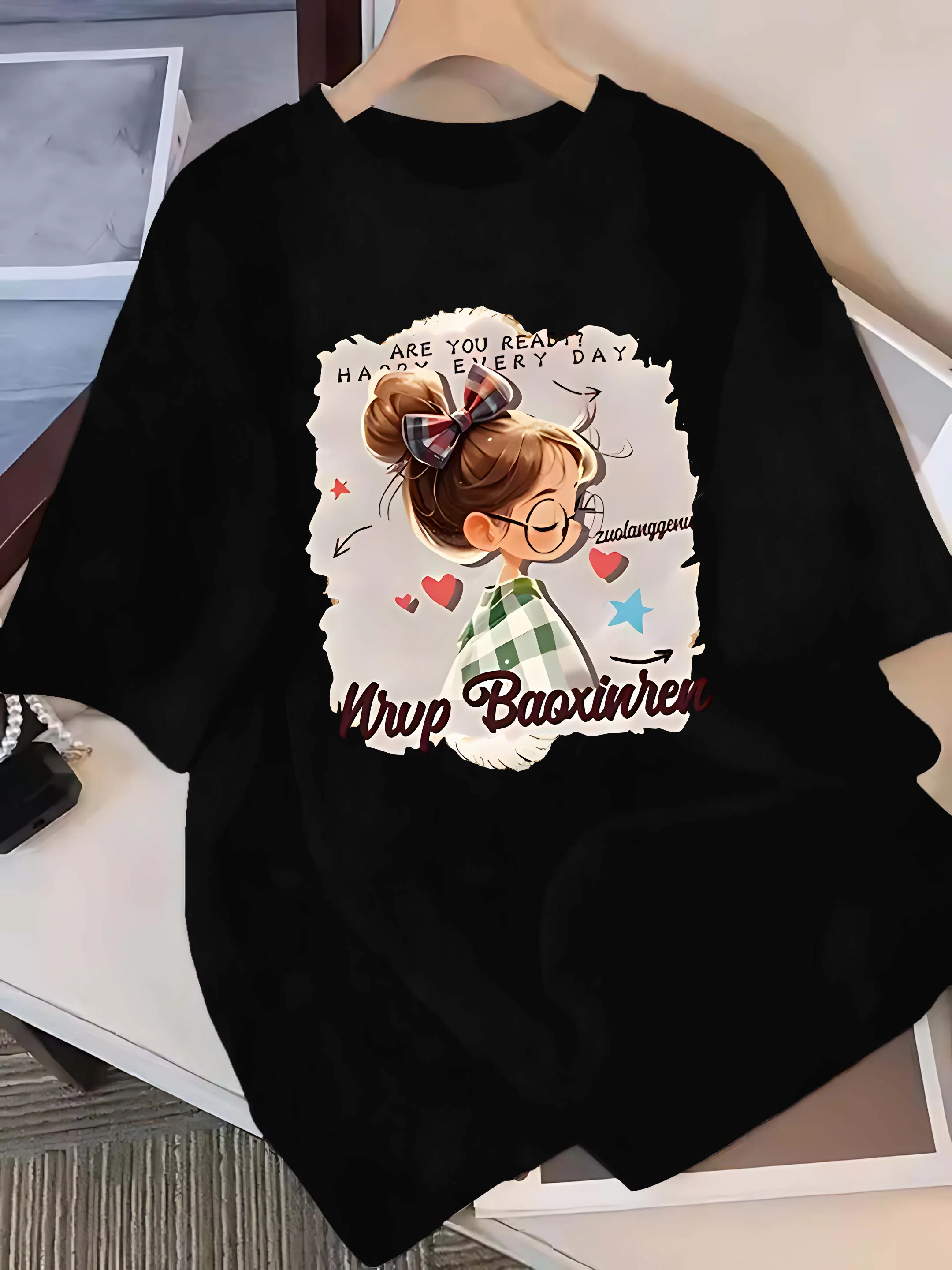 

Футболка с рисунком «Счастливый каждый день» больших размеров с милым мультяшным рисунком для девочек, три цвета с короткими рукавами