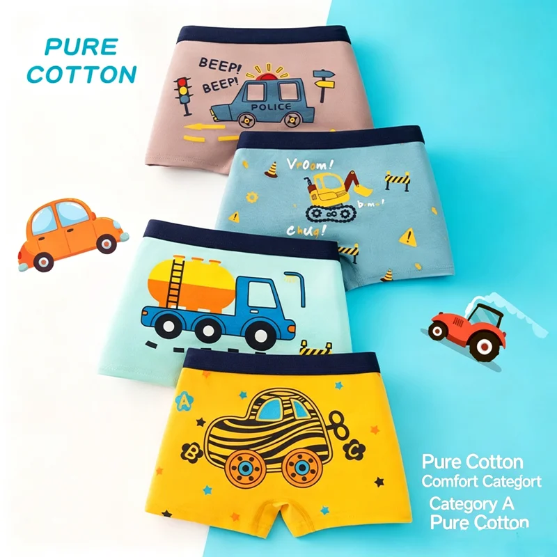 4 Stück Jungen-Unterwäsche Baumwoll-Boxershorts mit Cartoon-Auto-Motiv für Kinder 2-12 Jahre Atmungsaktive Weiche Kinderunterhosen Baby-Jungen-Shorts – Detail 11
