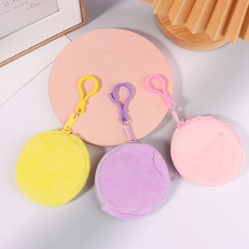 8.5x8.5cm Candy Color Round Plush Coin Purse Women Cute Solid Color Change Pouch Wallet Keychain Portable Earphone Storage Bags