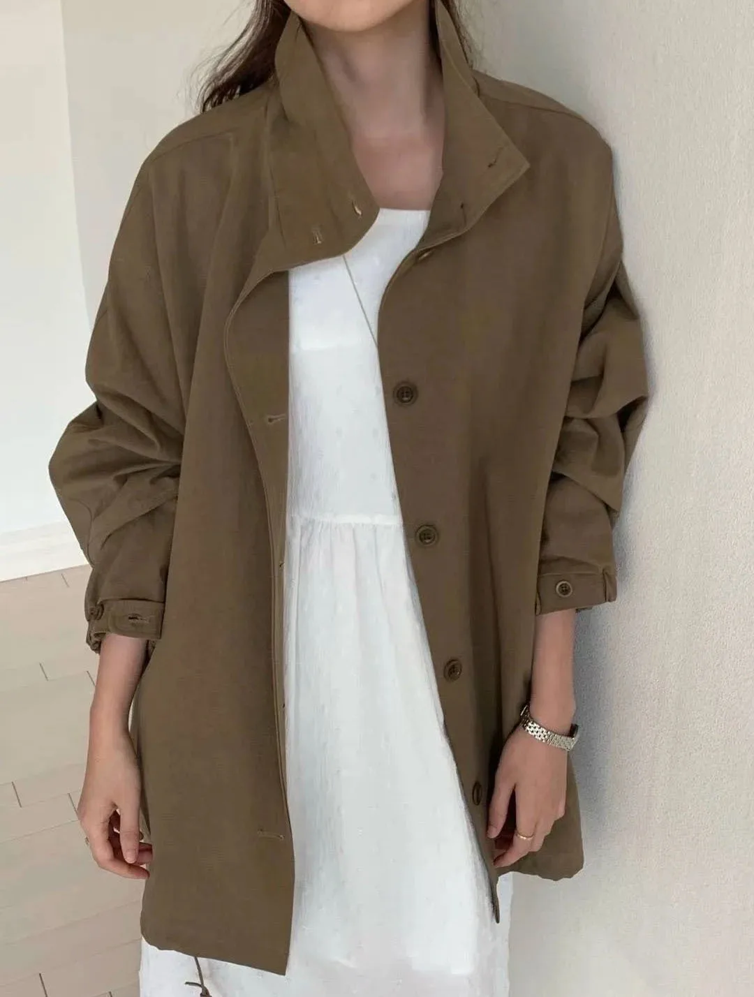 

Ele Pure Color Stand Collar Long Women's Coat Dongda Gate Loose Slimming Simple Sle Autumn Outerwear Commute Sle