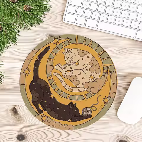 Black White Moon Office White Cat Mouse Pad Sun Moon Round Mousepad Computer Desk Pad Non-Slip Gaming Mat Office Accessories