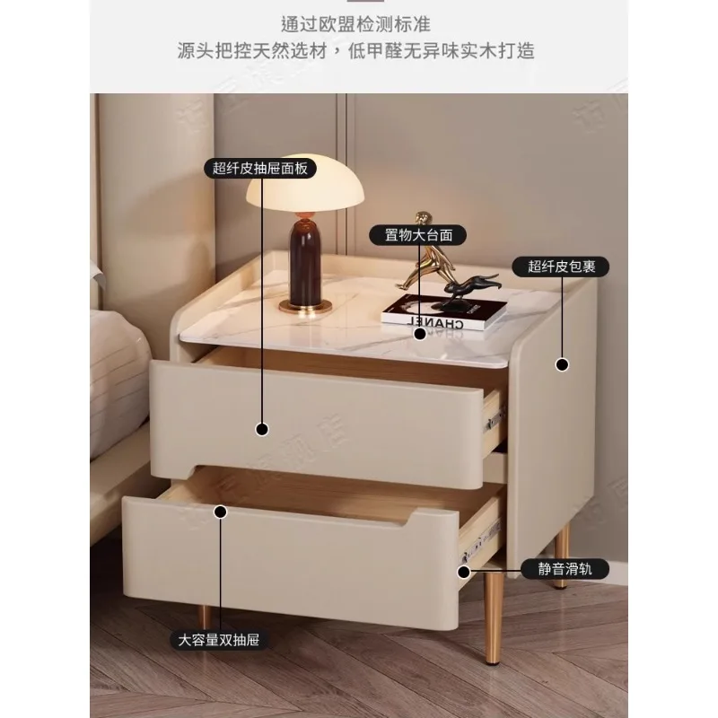 All solid wood bedside table light luxury rock slab locker bedroom simple modern bedside table leather small apartment storage c