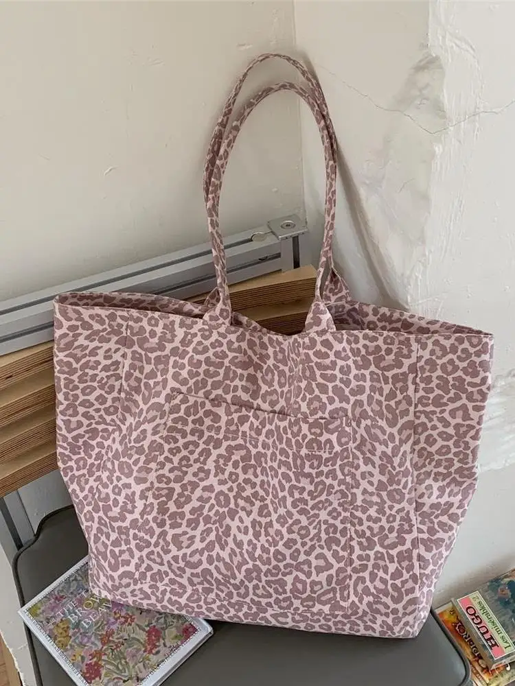 

Розовая парусиновая большая сумка с леопардовым принтом, повседневная большая вместительная сумка-тоут, модная женская сумка Lazy 2200, новинка Sle