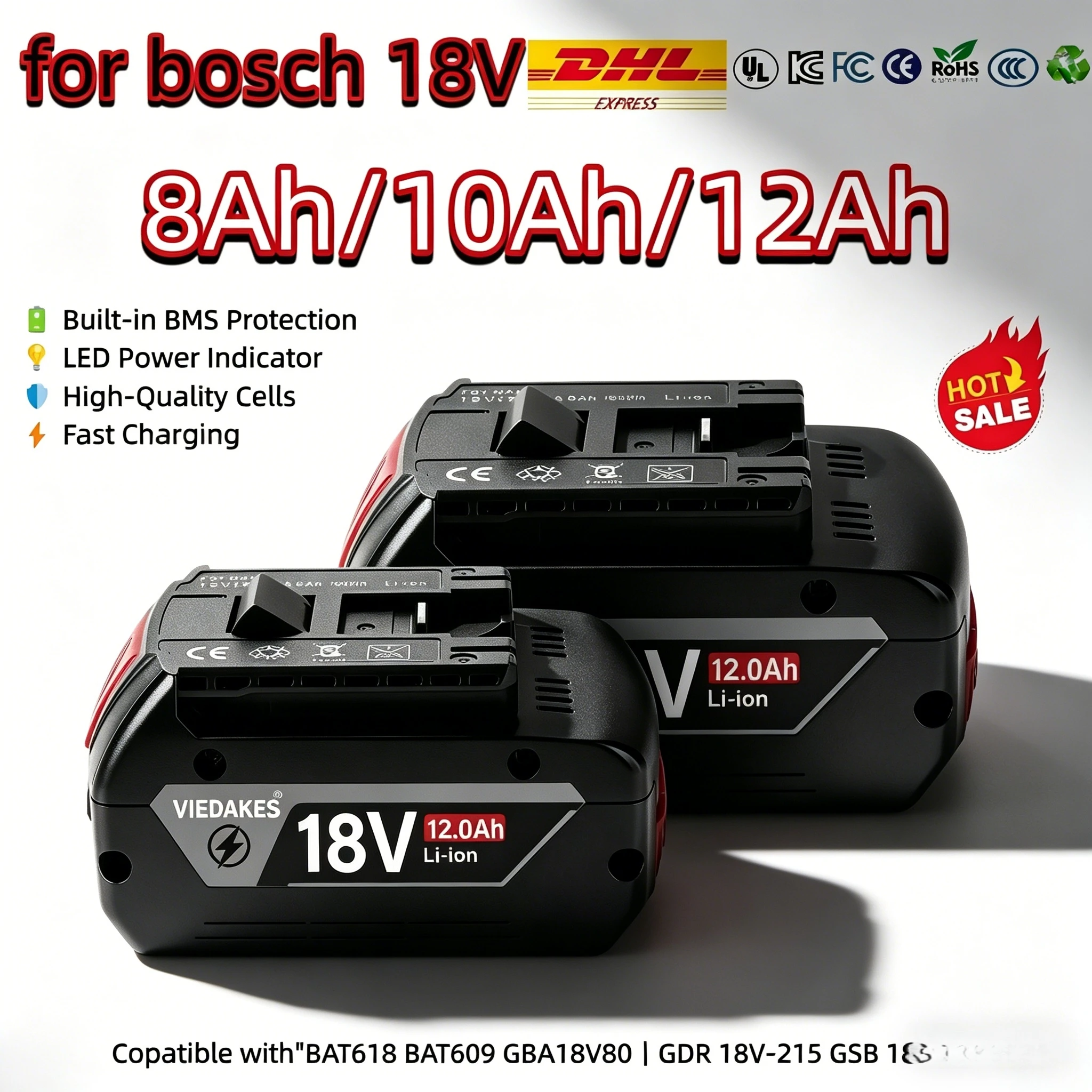 

Аккумулятор Bosch 18В 8Ач 10Ач 12Ач BAT618 BAT609 GBA18V80 для GDR 18V-215 GSB 185-LI с защитой BMS, в наличии на складе в ЕС