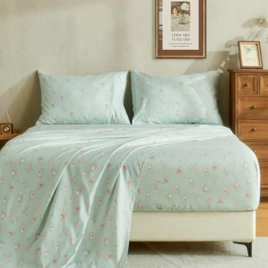Mint Floral Sheets King Size Deep Pocket Sheets Black Soft Breathable Farmhouse 4pcs Bed Sheet Sets