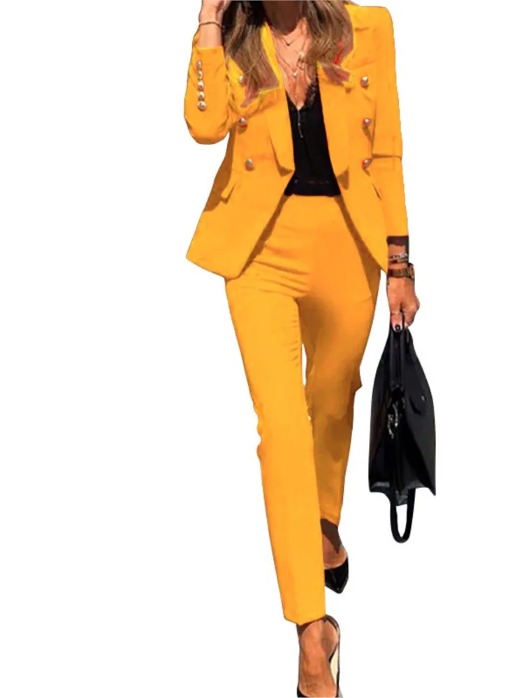 

2025 Spring Autumn For Women's New Solid Color Fashion Double Breasted Suit Slim Pocket Pencil Pants Female Office 2 Piece Set