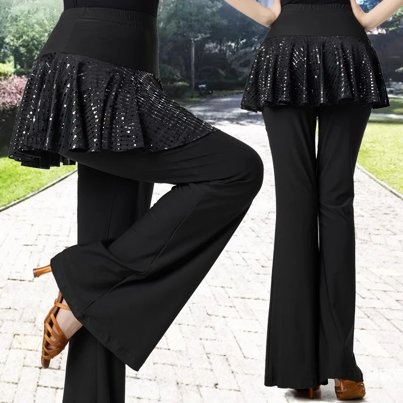 A nova moda trajes de dança quadrada lantejoulas saia calças feminino adulto dança latina prática roupas dança moderna calças alargamento