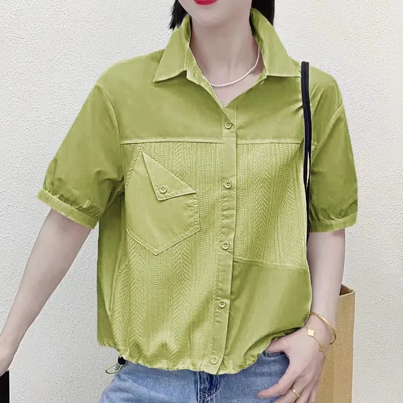 Summer Office Lady Korean Style Loose Casual Women\'s Shirt Open Stitch Solid Color Button Pockets Lapels Short Sleeve Chic Tops