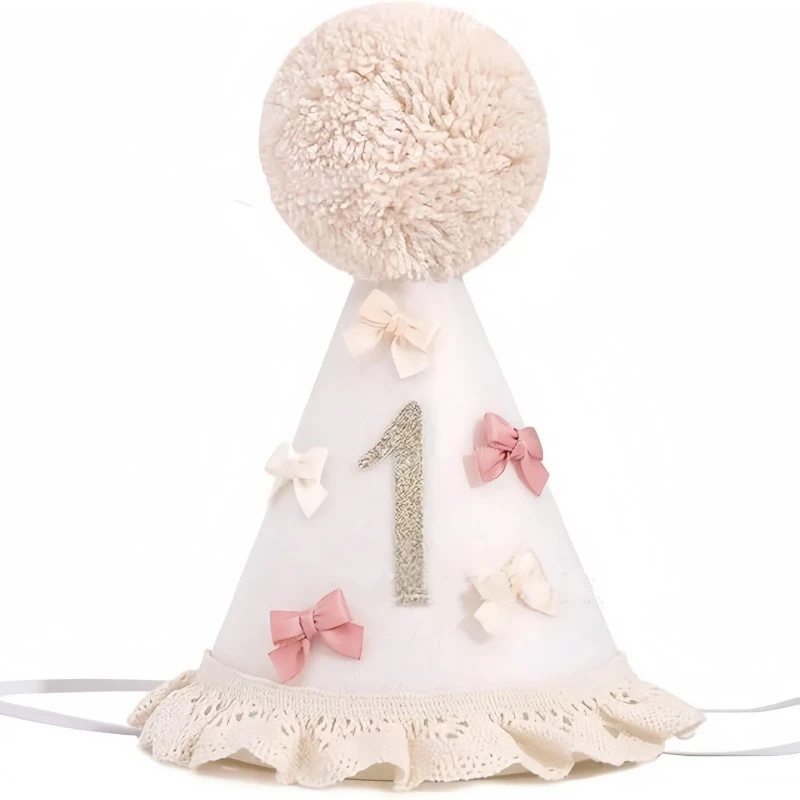 1 x halber Kindergeburtstag, Vlies-Schleifenhut, 1 Jahr alt, cremefarbene Partykappe, 6 Monate Party-Kopfbedeckung