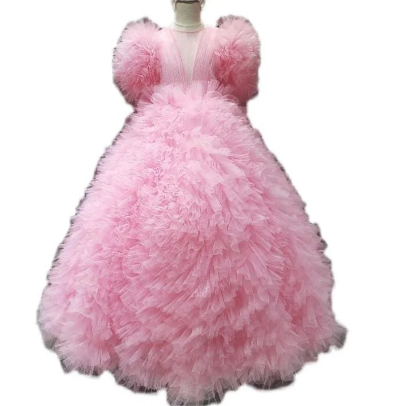 Pink mesh multi-layer puff sleeves long birthday princess children's evening dress fluffy yarn party dress