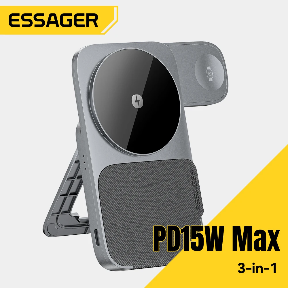 

Подставка для беспроводного зарядного устройства Essager 3 в 1 для Magsafe iPhone 17 16 15 14 13 Apple Watch Airpods Pro Huawei Станция быстрой зарядки