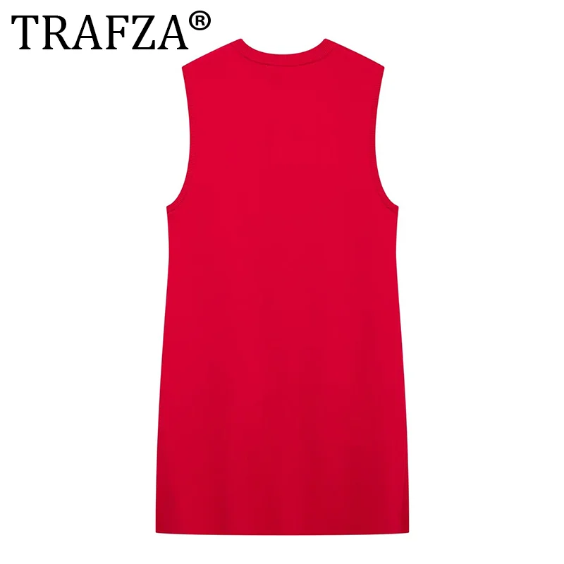 TRAFZA Vintage Chic Red Women Dress Solid O-Neck Sleeveless Single Breasted Mini Dress Fashion 2024 Autumn Holiday Sheath Dress