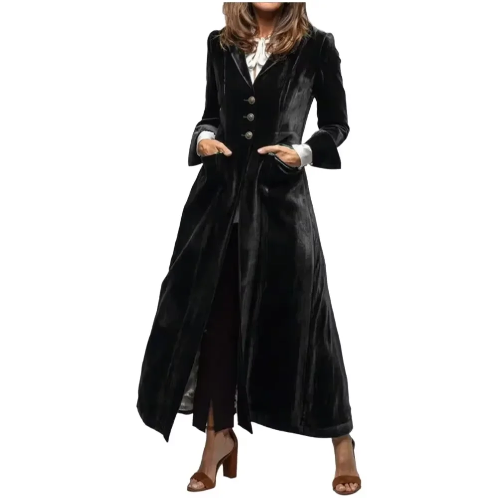 秋冬黒ベルベットブレザードレス女性のポケットシングルブレストターンダウン襟 Maix ドレス女性スリムコート 2025