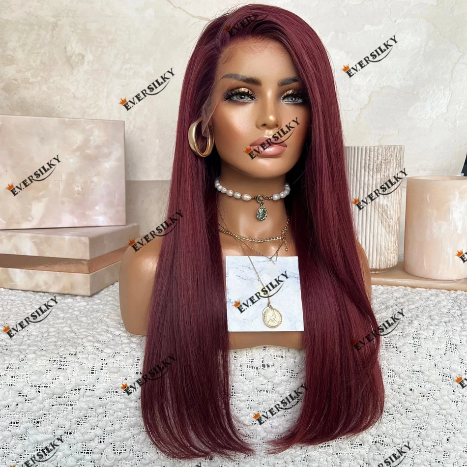 Bone Straight Plum Burgundy Human Hair Natural Hairline 13x6 Lace Front Wig for Women 180 Density Remy Indian Hair 13x4 Lace Wig