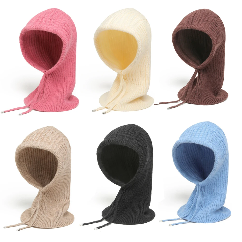 Unisex Knit Scarf Hood Hat Winter Women Cashmere Beanie Bonnet Lady Wool Neck & Face Protect Balaclava Skullies Men Hooded