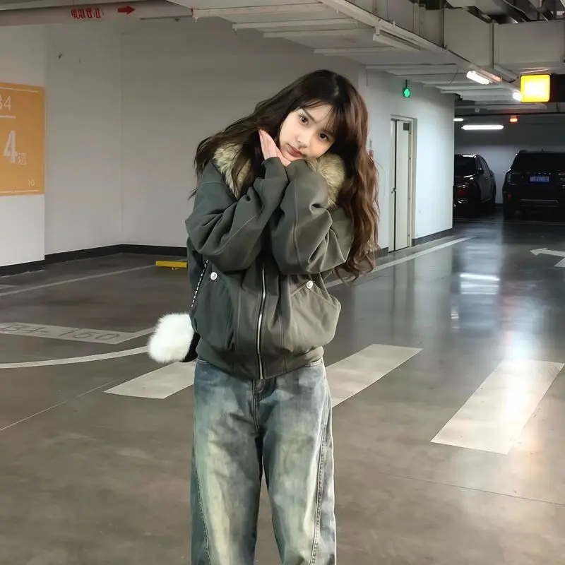 American Fashion Cotton Jacket for Women 2025 Winter New Style American Retro Loose Big Hairy Collar Coat Female Clothing