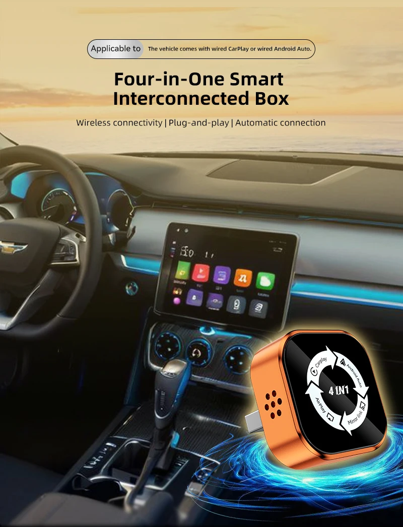 Picture 5: 4-in-1 Wireless Adapter，Converts Wired CarPlay & Android Auto to Wireless, with Full iOS & Android Screen Mirroring