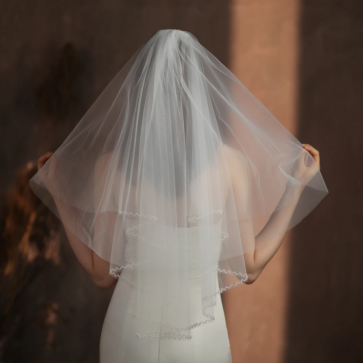 

V319 Delicate Wedding Bridal Veil Two-Layer Semi-Transparent Tulle Handmade Sewing Pearls Edge White Brides to Be Veil