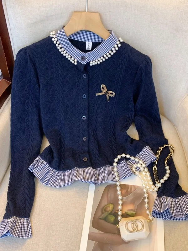 

Французский вязаный свитер с бусинами, укороченный, с эффектом двухслойности, в клетку, с пышными рукавами, женский топ