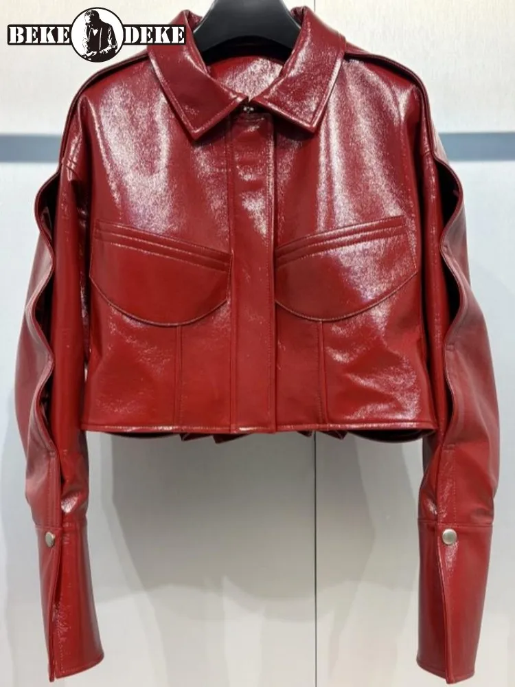 سترة عالية الجودة من الجلد الطبيعي بسحاب وأكمام طويلة من جلد الغنم فضفاضة بلون سادة ملابس خارجية نسائية عالية الجودة #1